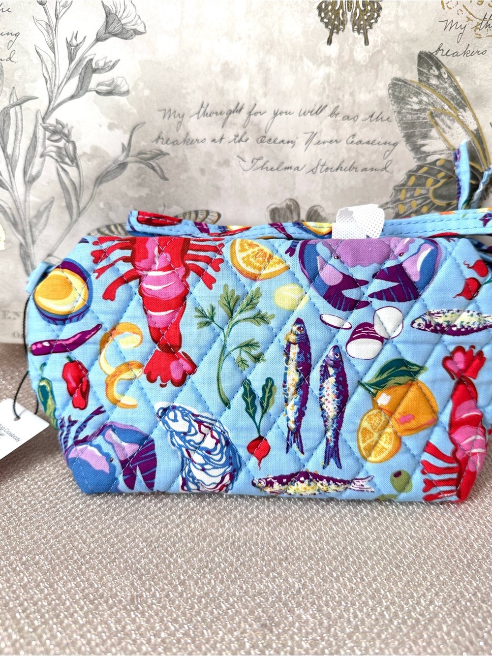 Vera Bradley Blue Cotton Quilted Camera Crossbody Bag in Seafood Boil Print